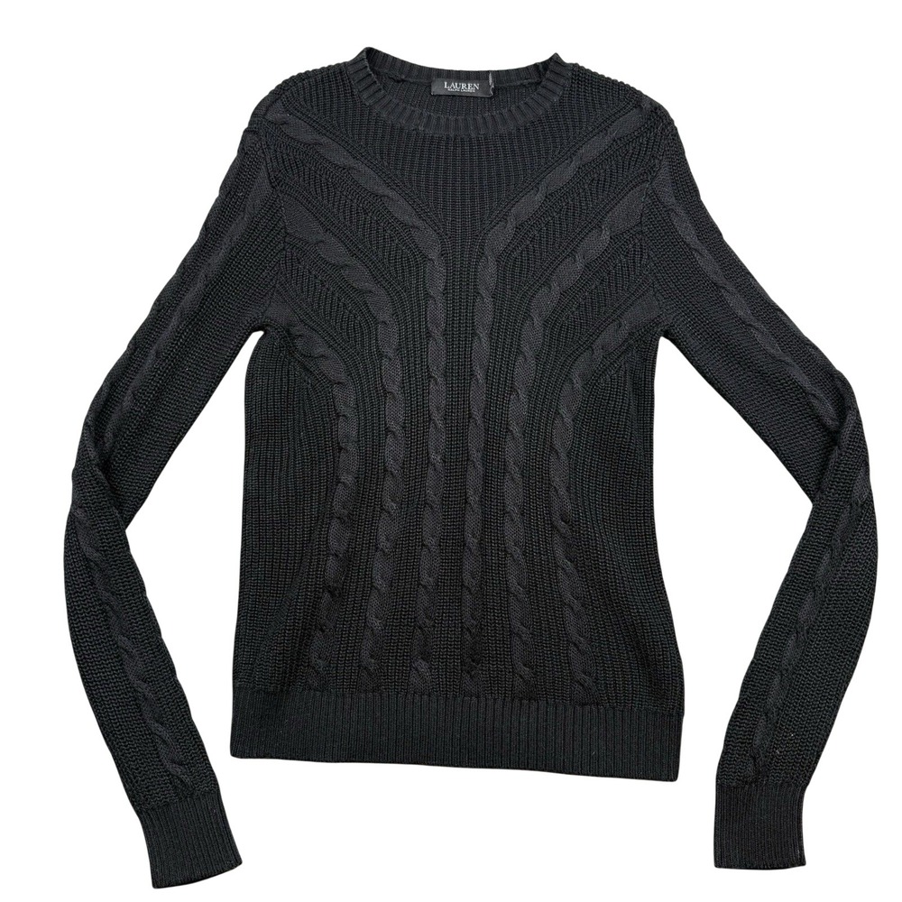 Lauren Ralph Lauren Black Label Cable Knit Sweater Women's S Black Crew Neck